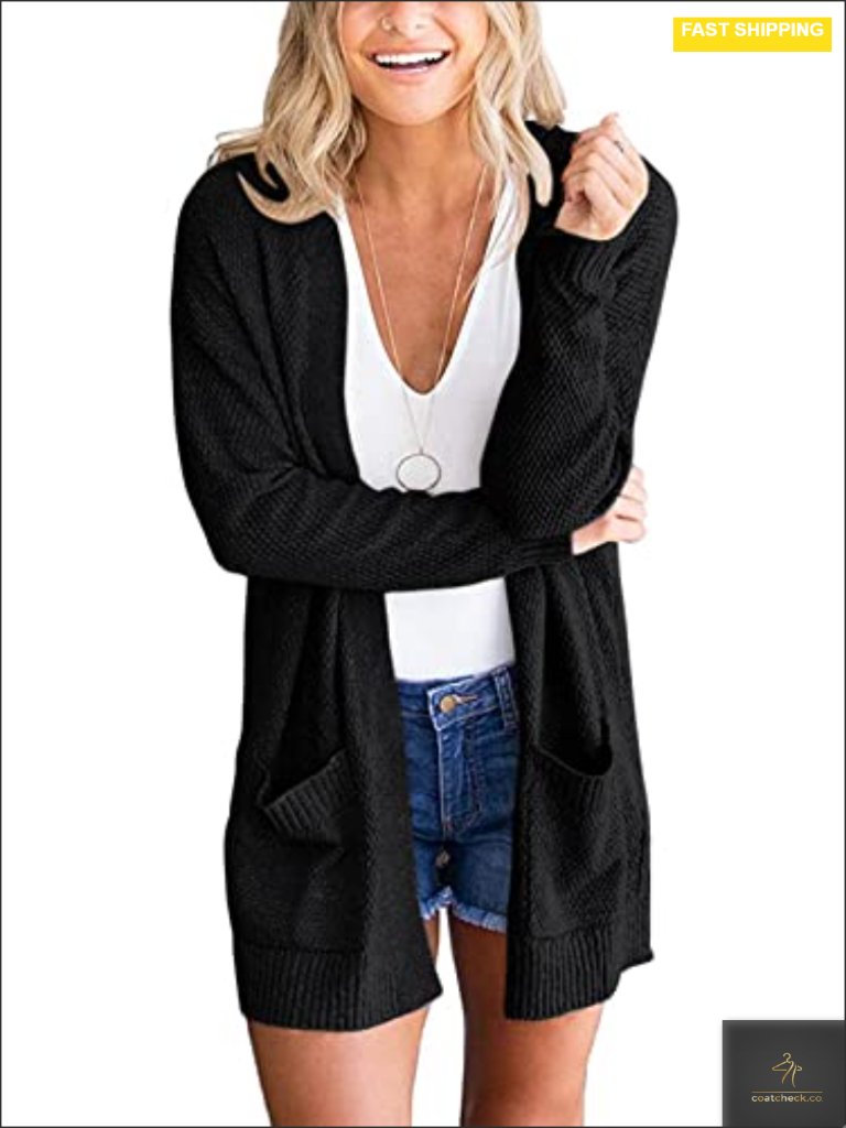 Women's Open Front Lightweight Cardigan Sweater Waffle Knit With Pockets